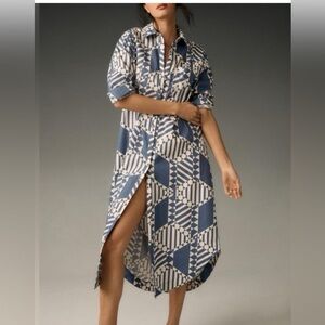 Maeve Geometric Midi Shirt Dress in Blue and Cream